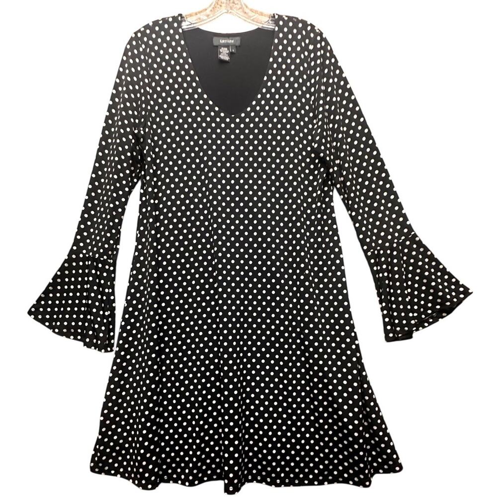 Karen Kane Flare Sleeve Polka Dot Dress Black White‎ Sz L